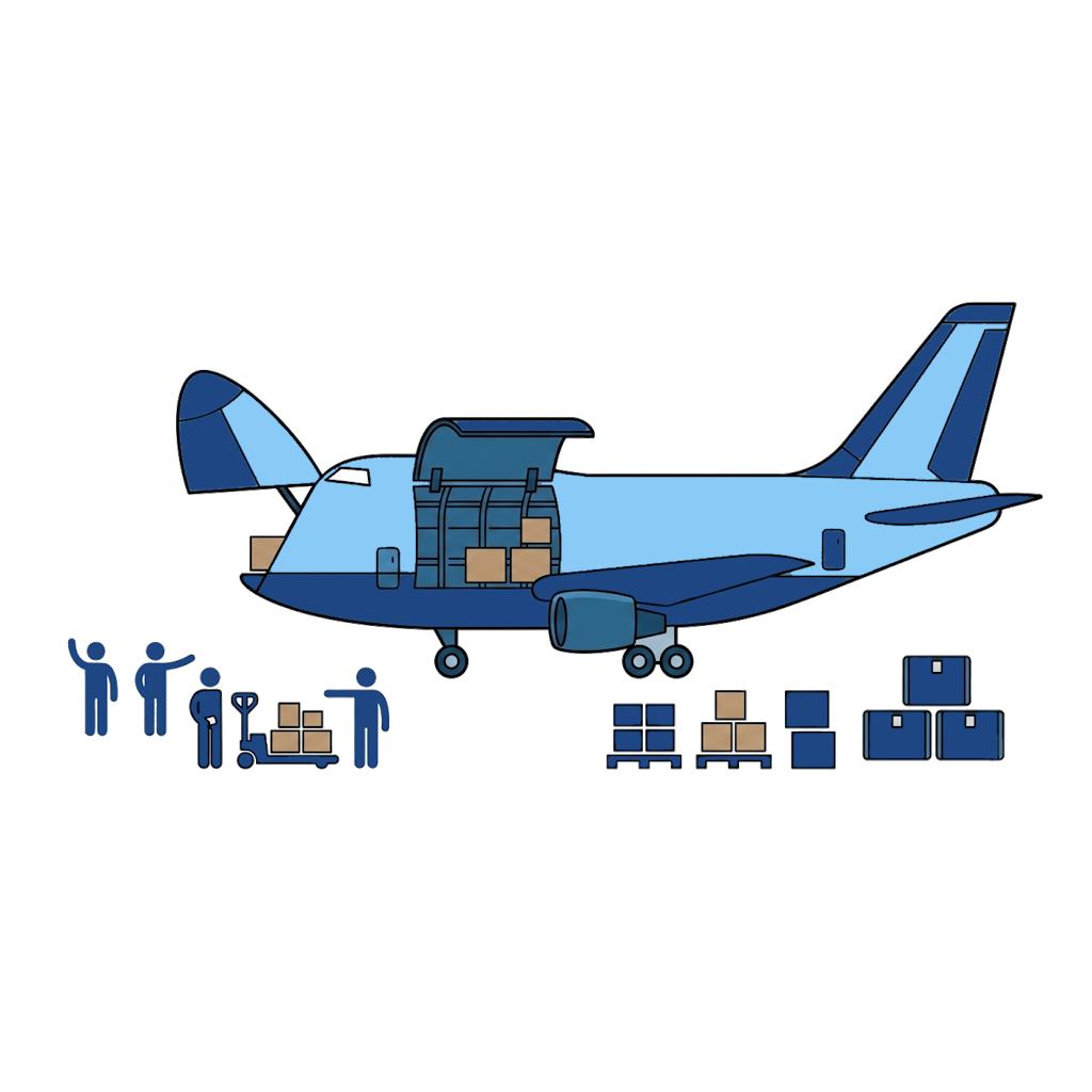 Air Freight Icon with a plane being loaded with Export Goods.